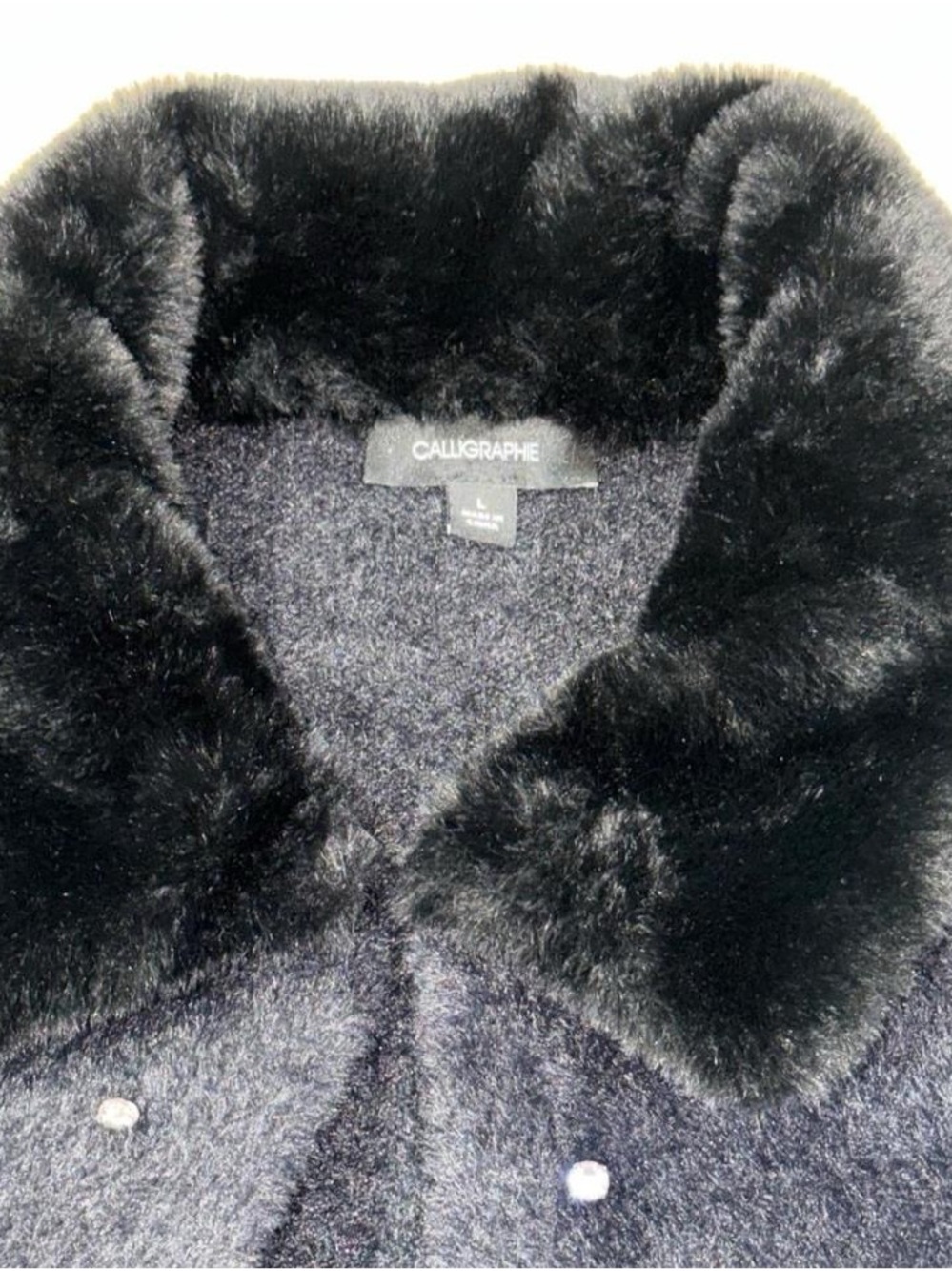 NWT Black RHINESTONE -Embellished Faux-Fur Collar Cardigan - Picture 7 of 8